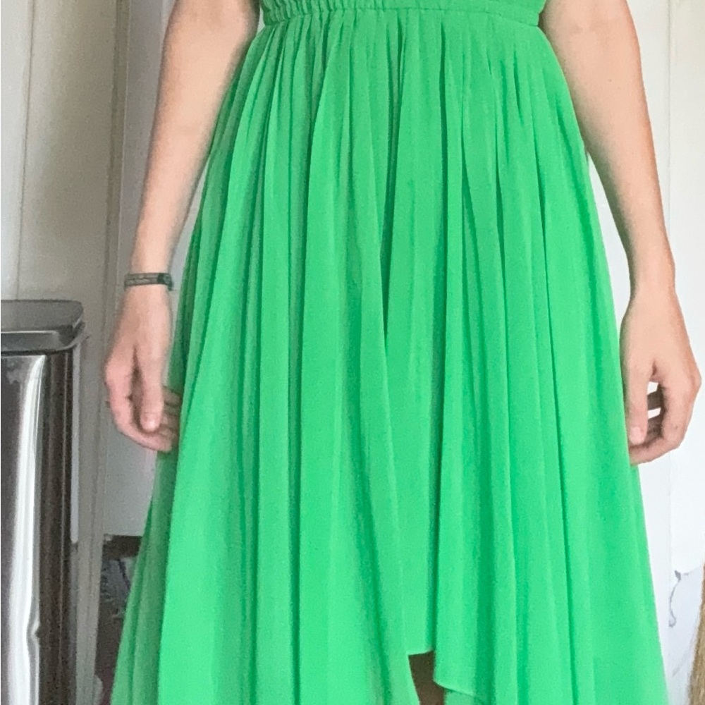 Suzi Chin Bright Green High-Low Pleated Dress